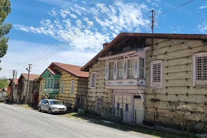 Rangée de maisons traditionnelles en pierre et en bois aux détails colorés le long d'une rue pavée